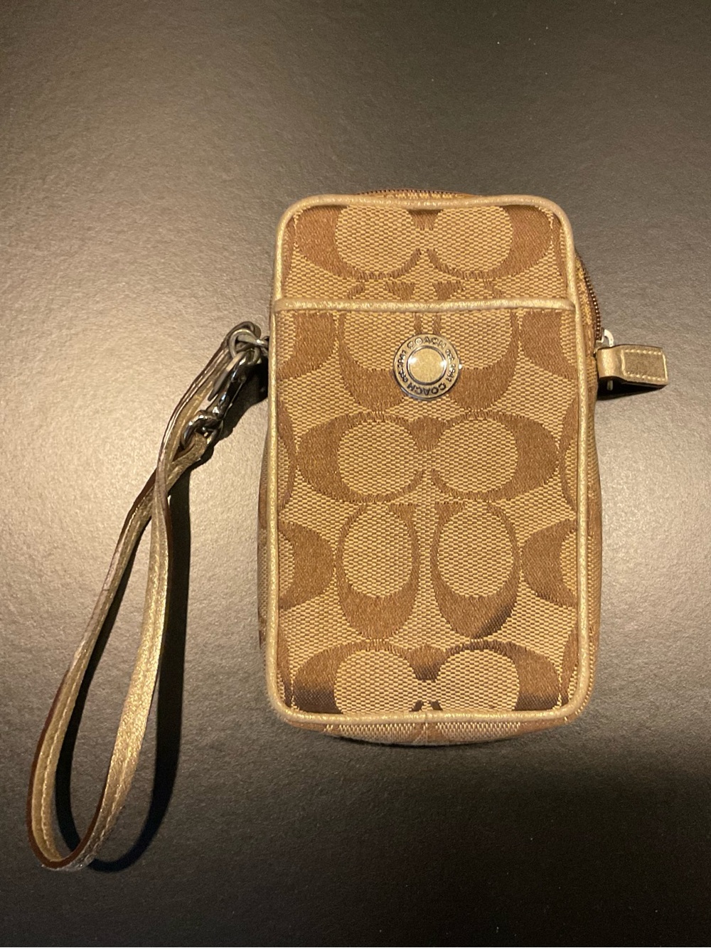 Coach Brown Signature Canvas Wristlet Phone Pouch with Strap